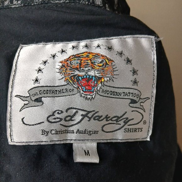 Vintage Christian Audigier Ed Hardy Love Kills Slowly Button Down Shirt Black M - Picture 7 of 7